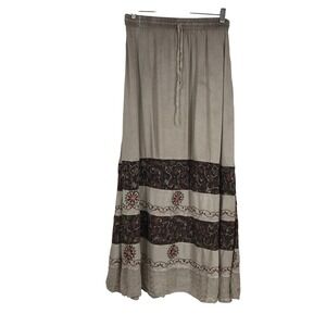 Sakkas Womens Boho Floral Embroidered Maxi Skirt Taupe Rayon Elastic Waist M